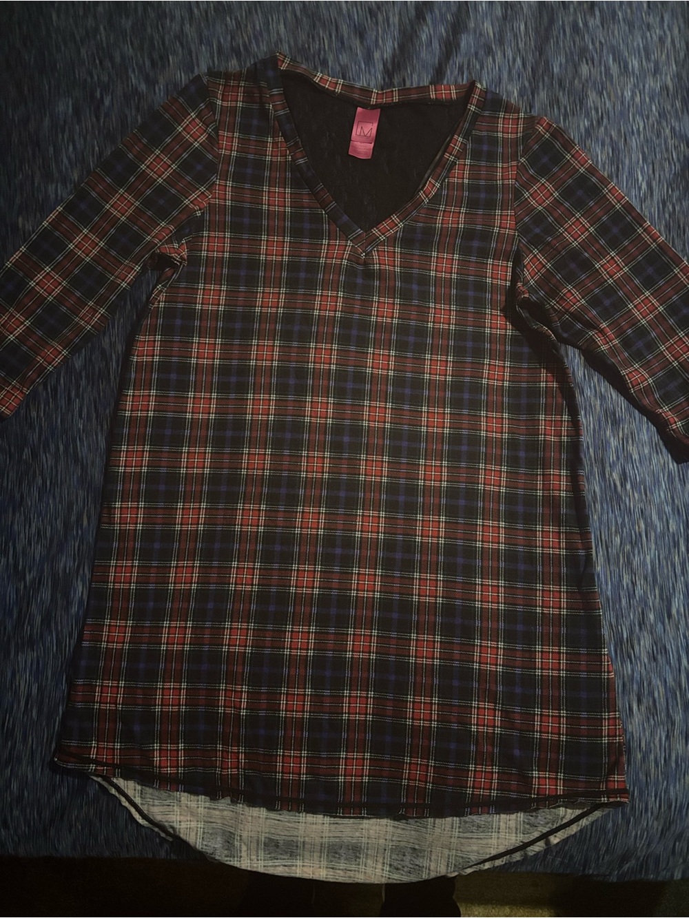 Material Girl Navy Top with laced back and Red Plaid Trim